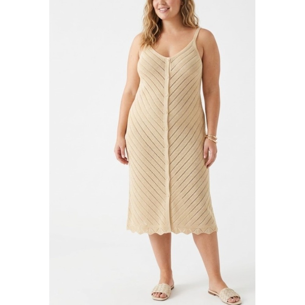 New Mynah Knit Coverup Dress XL Beige Cream Button Front Vacation Resortwear